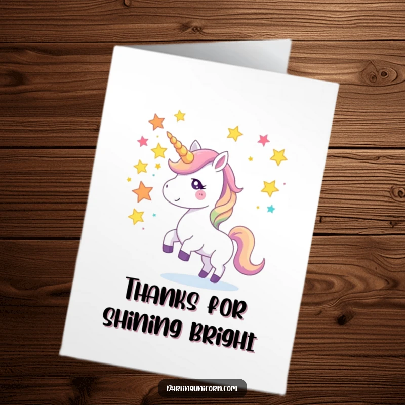Funny Free Printable Thank You Card: Unicorn juggling stars with its horn, a magical way to say thank you.