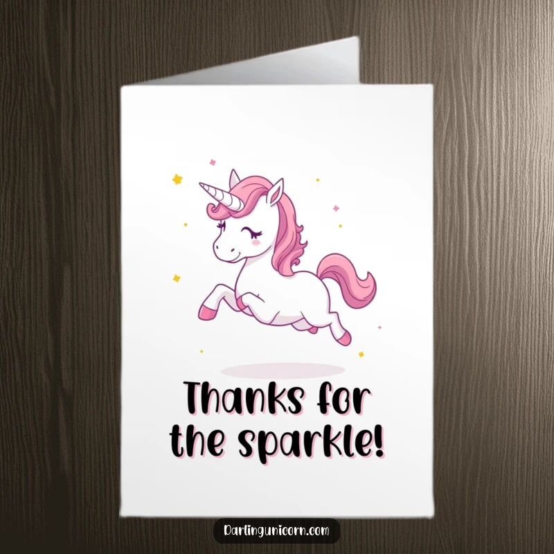 Funny Free Printable Thank You Card: A jubilant unicorn trots energetically, kicking up a trail of glittery star dust.