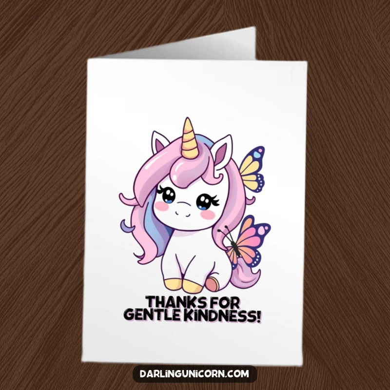 Funny Free Printable Thank You Card: A unicorn with a kind smile nudges a friendly butterfly, expressing thanks.