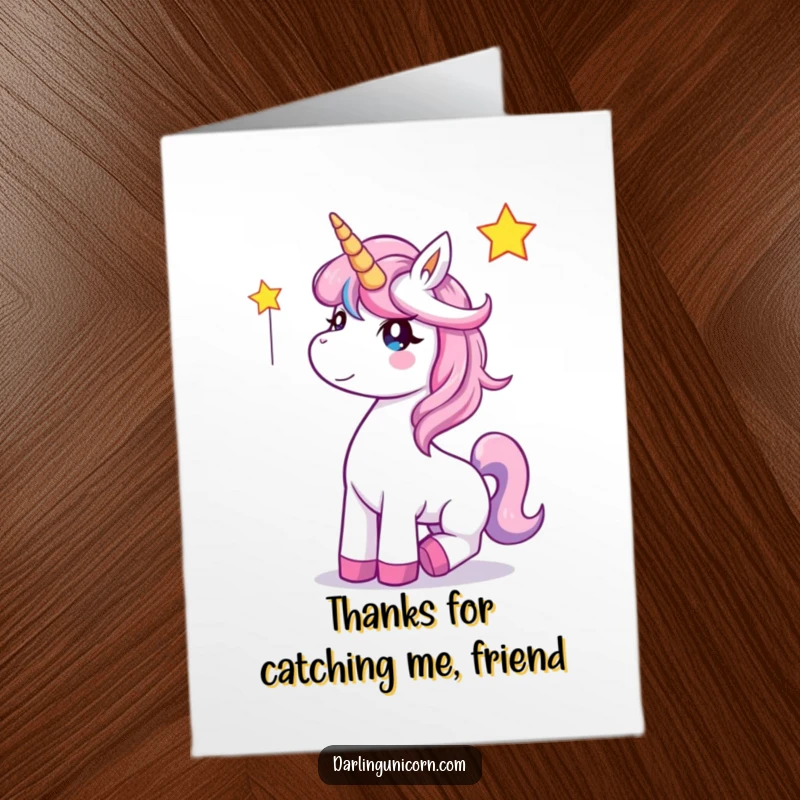 Funny Free Printable Thank You Card: A unicorn joyfully catches a falling star, expressing heartfelt gratitude.