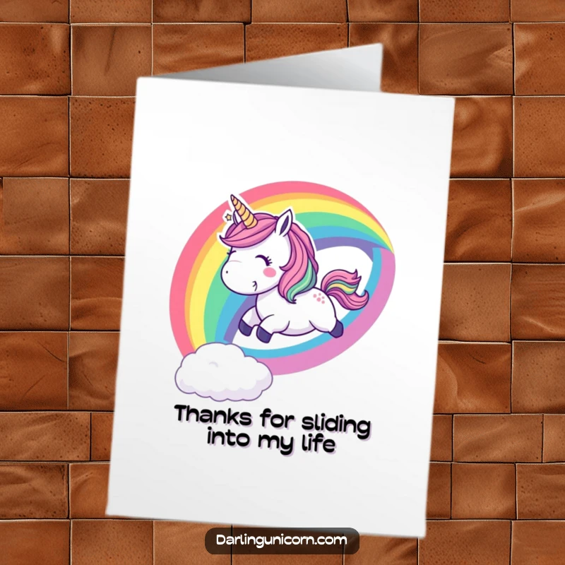 Funny Free Printable Thank You Card: Unicorn sliding down a rainbow, sending thanks with a cheerful, whooping sound.