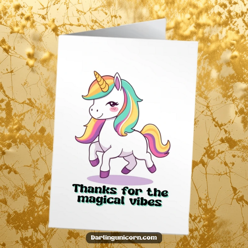 Free Printable Thank You Card: A cute unicorn with a luminous rainbow mane prancing happily, conveying heartfelt thanks and joy.