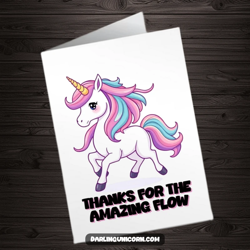 Funny Free Printable Thank You Card: A prancing unicorn with its mane flowing like a vibrant, colorful waterfall.