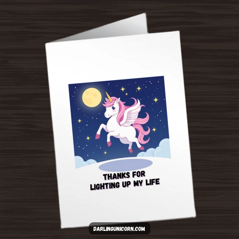 Funny Free Printable Thank You Card: A unicorn spins a wobbly pirouette under the stars, sending thanks with grace.