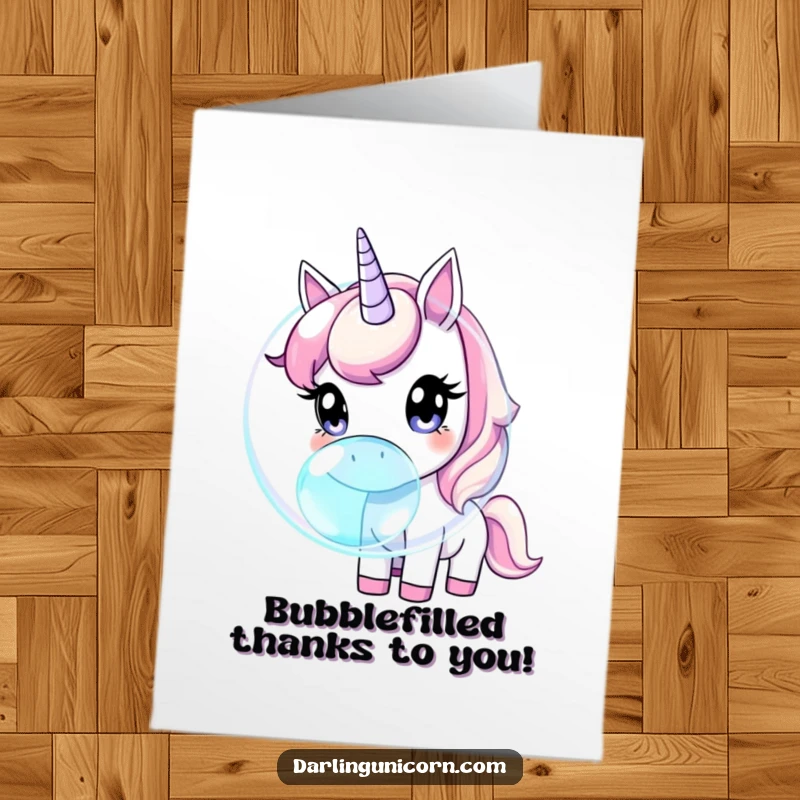 Funny Free Printable Unicorn Thank You Card: Curious unicorn sniffing iridescent bubble, expressing thanks whimsically.