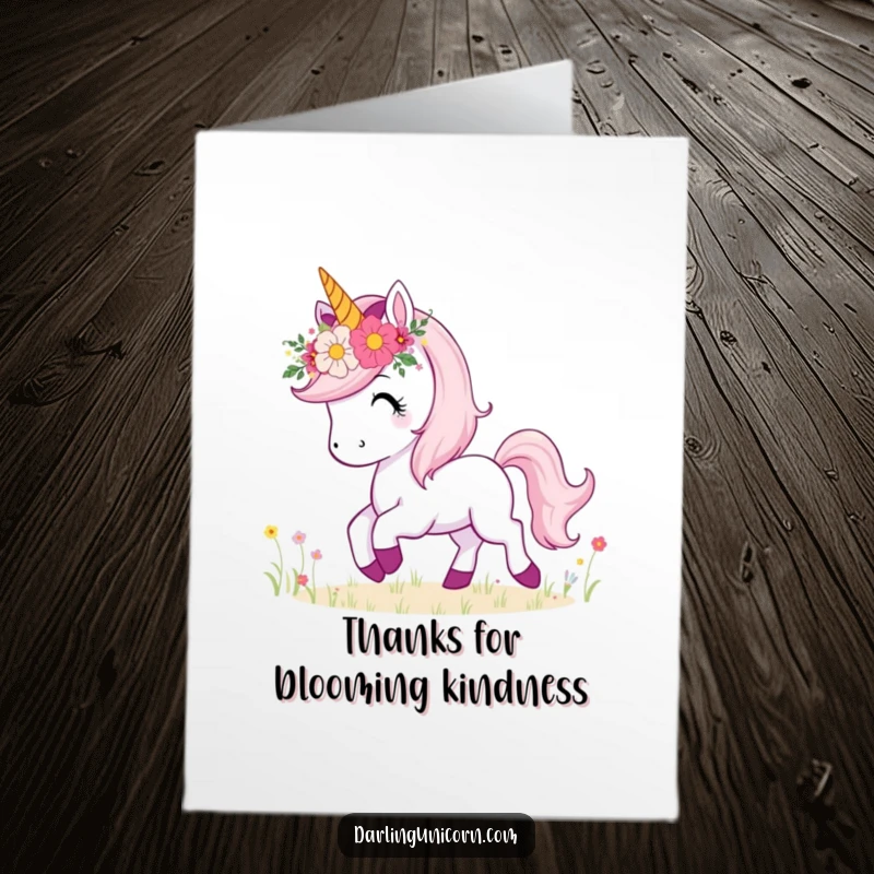 Funny Free Printable Thank You Card: Unicorn with flower crown prancing joyfully, a charming DIY thank you.