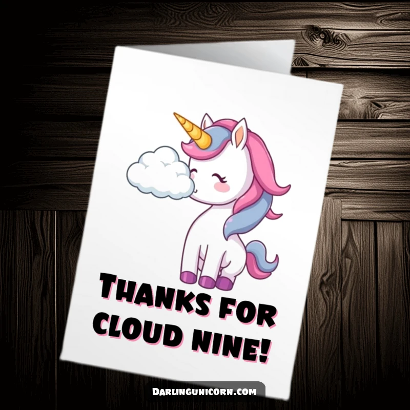 Funny Free Printable Thank You Card: A unicorn playfully nudges a cloud, sending a gentle and thankful message with a smile.