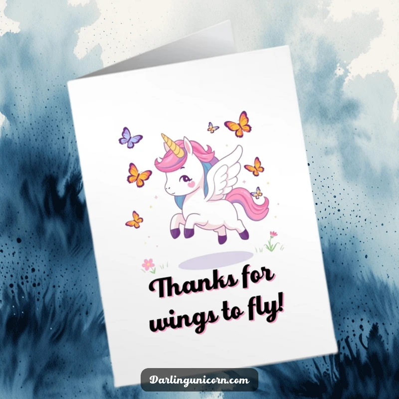Funny Free Printable Thank You Card: Unicorn with wings playfully chasing butterflies, spreading thanks and cheer, digital download.