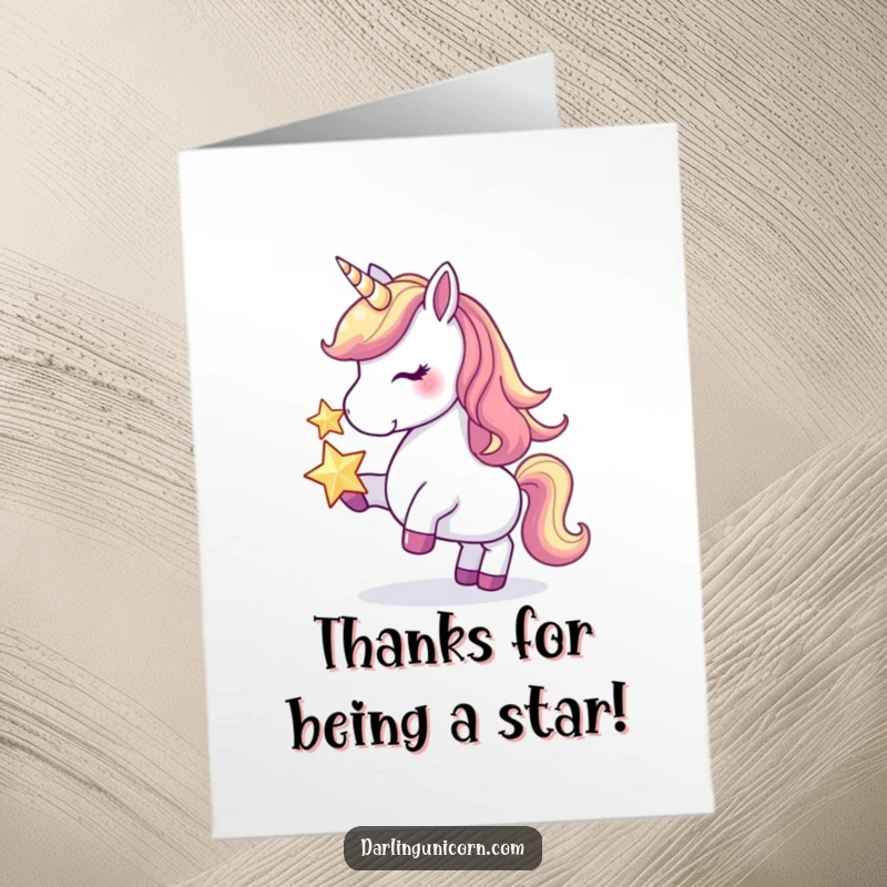 Funny Free Printable Thank You Card: A unicorn artistically balances a glowing star on its nose, showing thanks.