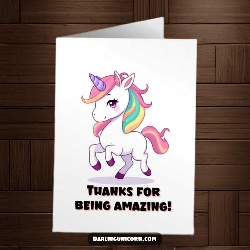 Funny Free Printable Thank You Card: Graceful unicorn with rainbow mane prancing, expressing thanks delightfully, digital artwork.
