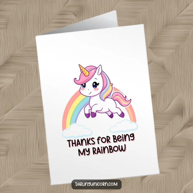 Funny Free Printable Thank You Card: A cheerful unicorn gracefully leaps over a rainbow, conveying sincere gratitude.