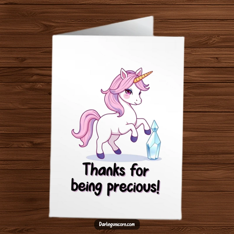 Funny Free Printable Thank You Card: A unicorn with a flowing tail prancing delicately, its horn making contact with a sparkling crystal.