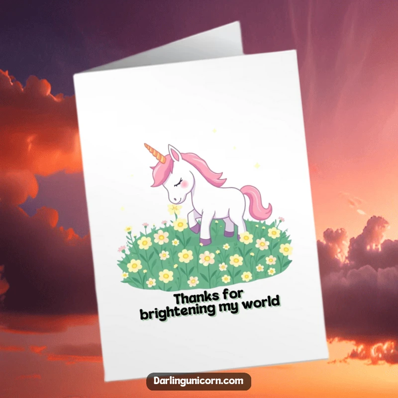 Funny Free Printable Thank You Card: A unicorn gently nuzzling glowing moonflowers, expressing quiet gratitude.