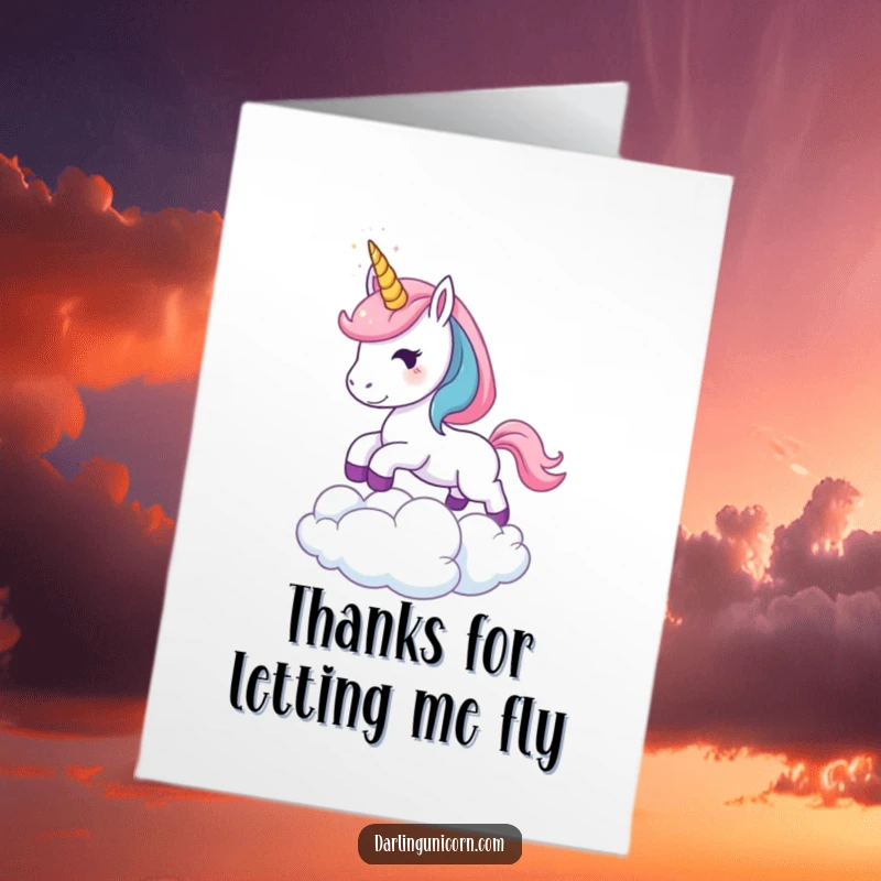 Free Printable Thank You Card: A young unicorn with a sparkling horn leaping over a cloud, conveying heartfelt thanks and wonder.