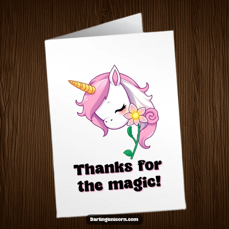 Funny Free Printable Thank You Card featuring a curious unicorn nuzzling a glowing magic flower, expressing gratitude with natural beauty.