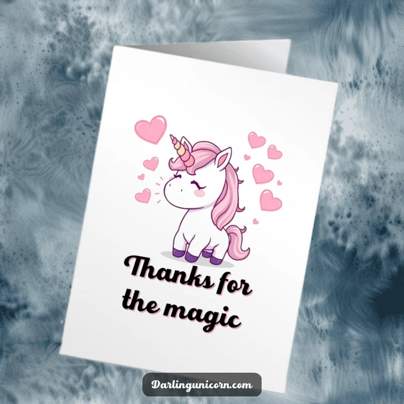 Funny Free Printable Thank You Card: a unicorn blows a kiss, sending flying sparkling hearts. Affectionate downloadable gift.