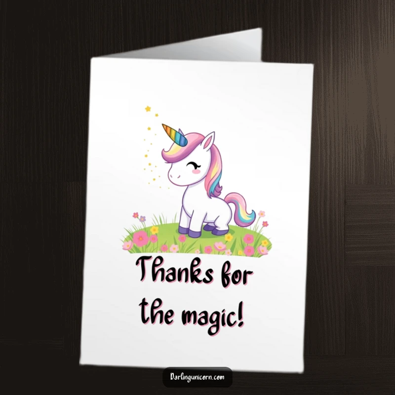 Funny Free Printable Thank You Card: A unicorn with a rainbow horn sprinkles stardust on a beautiful meadow.