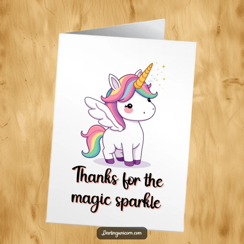 Funny Free Printable Thank You Card: Unicorn with rainbow wings blowing glitter, perfect for a DIY thank you gift.