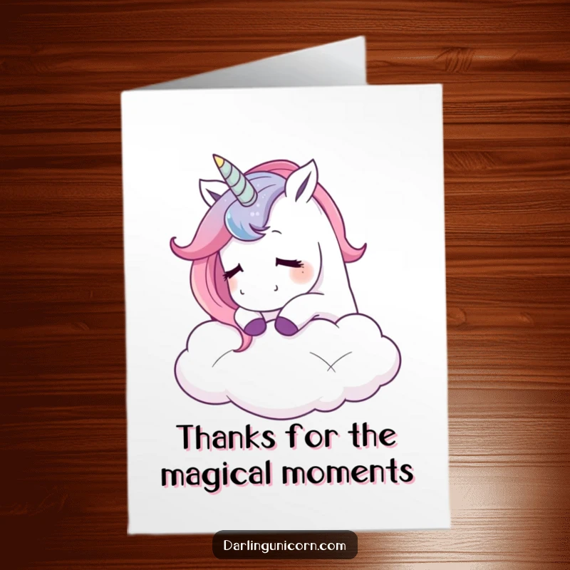 Funny Free Printable Thank You Card: Unicorn nuzzling a cloud, conveying sweet gratitude with a sigh.