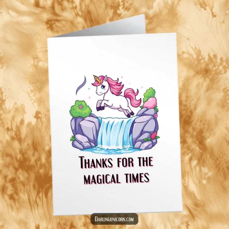 Funny free printable thank you card depicting a unicorn joyfully leaping over a shimmering waterfall, conveying sincere appreciation.