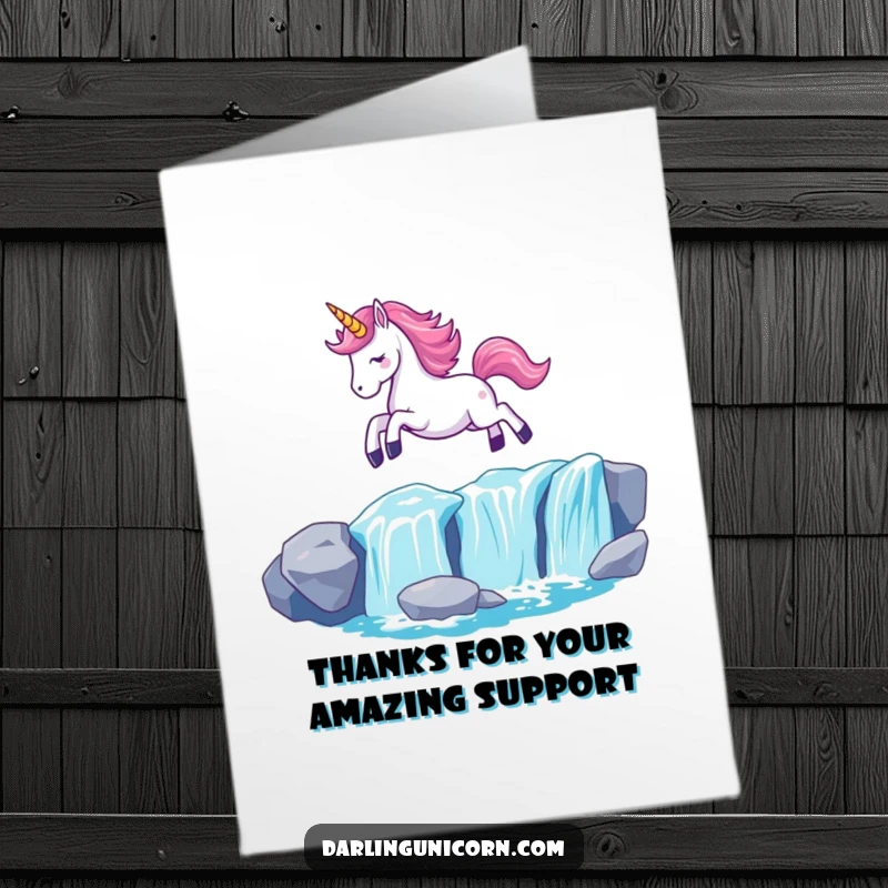 Funny Free Printable Thank You Card: Kawaii unicorn gracefully leaping over a shimmering waterfall, horn aglow.