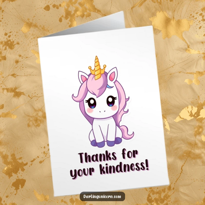 Funny Free Printable Thank You Card: Unicorn with wide, gentle eyes balancing a tiny crown on its horn with grace.