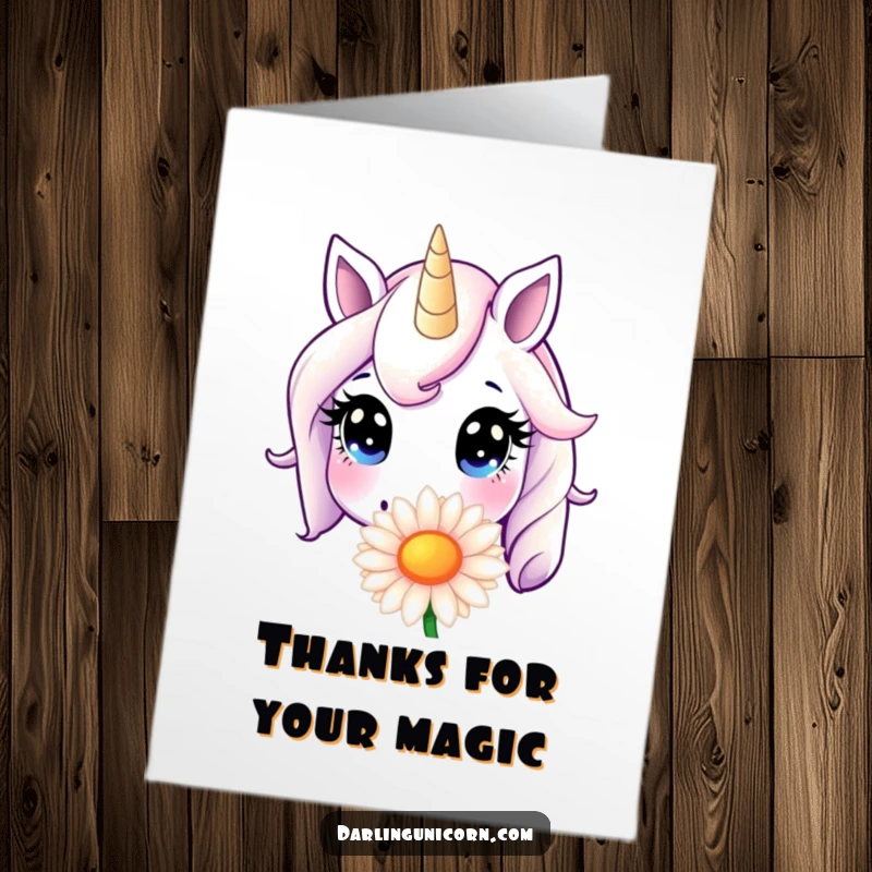 Funny Free Printable Thank You Card featuring an innocent unicorn pausing to sniff a huge daisy. Charming downloadable gift.