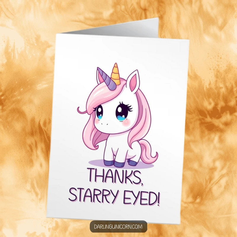 Funny Free Printable Thank You Card: A unicorn with dreamy eyes looks up at a starry sky, conveying deep gratitude.