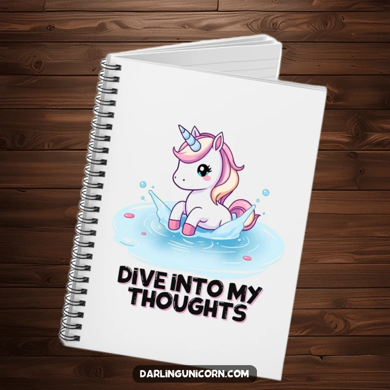 Funny notebook cover featuring a unicorn playfully splashing in a crystal clear pond, perfect for jotting down refreshing ideas.