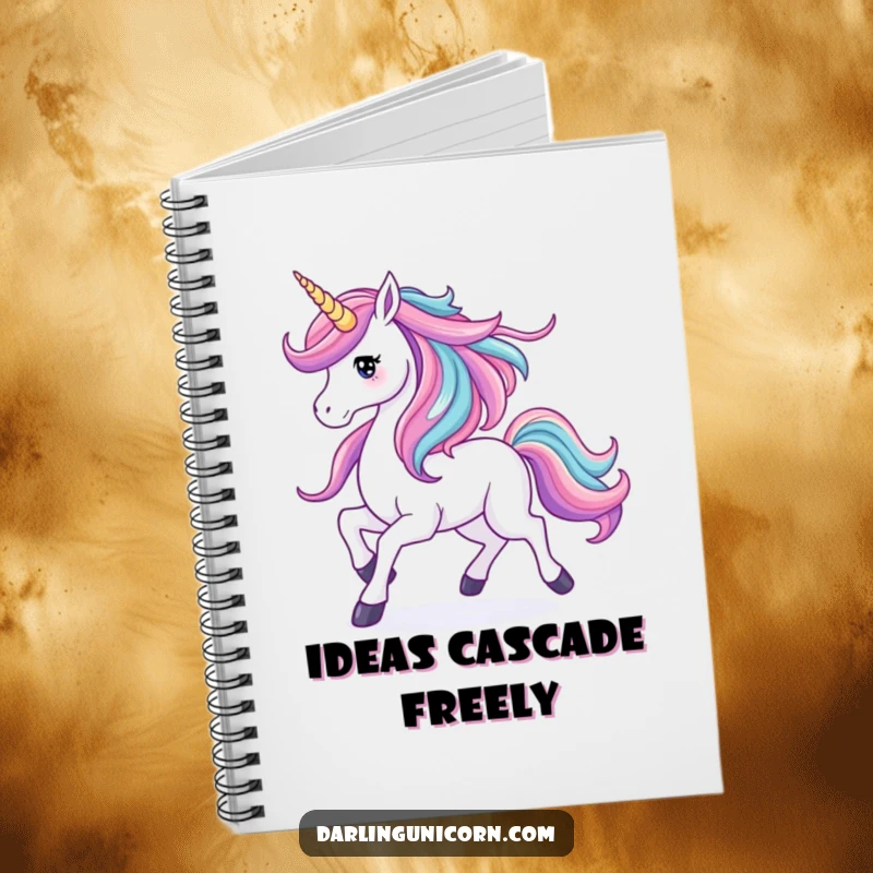 Funny notebook featuring a unicorn with its mane flowing like a vibrant waterfall, ideal for capturing creative thoughts and elegant writing.