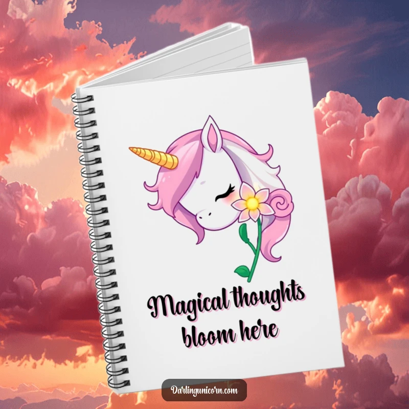 Funny unicorn notebook with a curious unicorn nuzzling a glowing magic flower, perfect for recording magical thoughts.