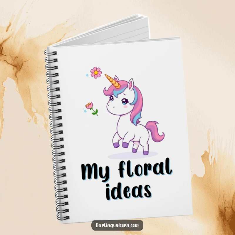 Funny notebook with a unicorn playfully tossing a flower, designed for jotting down whimsical ideas and everyday thoughts.