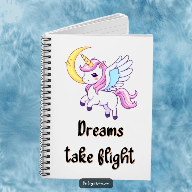 Funny Kawaii Unicorn Notebook: A unicorn with iridescent wings soars near a crescent moon, perfect for capturing celestial thoughts.