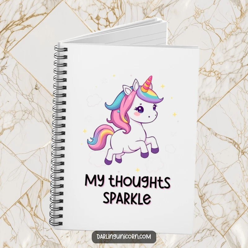 Funny Kawaii Unicorn Notebook: A happy unicorn with a rainbow mane gallops through sparkling clouds, ideal for capturing dreams.