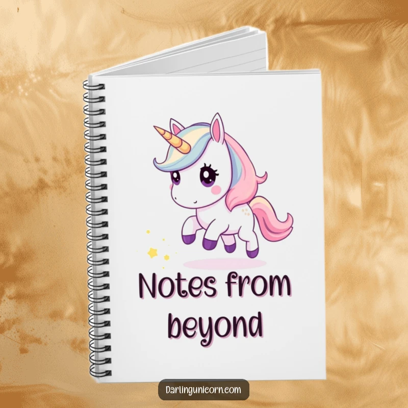 Funny notebook featuring a kawaii unicorn curiously chasing a glittering trail of stardust, perfect for jotting down magical ideas.