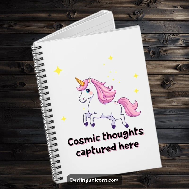 Funny notebook featuring a majestic unicorn galloping across a starry sky with its horn aglow, ideal for writing cosmic dreams.