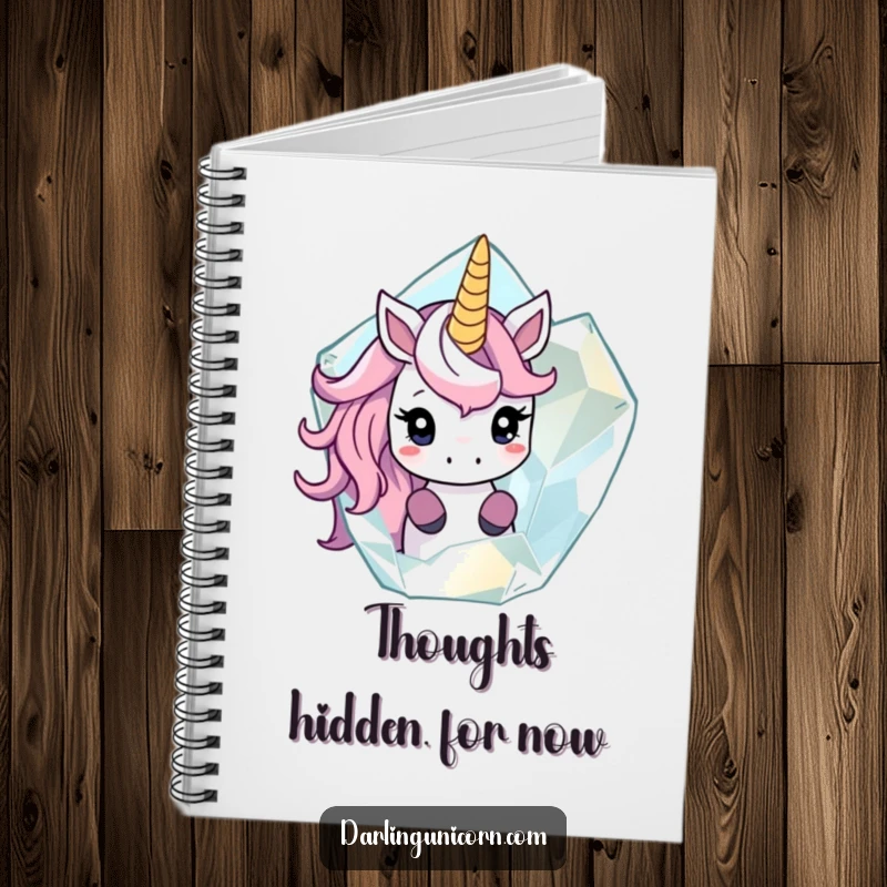Funny notebook featuring a shy unicorn peeking out from behind a large, translucent crystal, ideal for writing down secret thoughts.