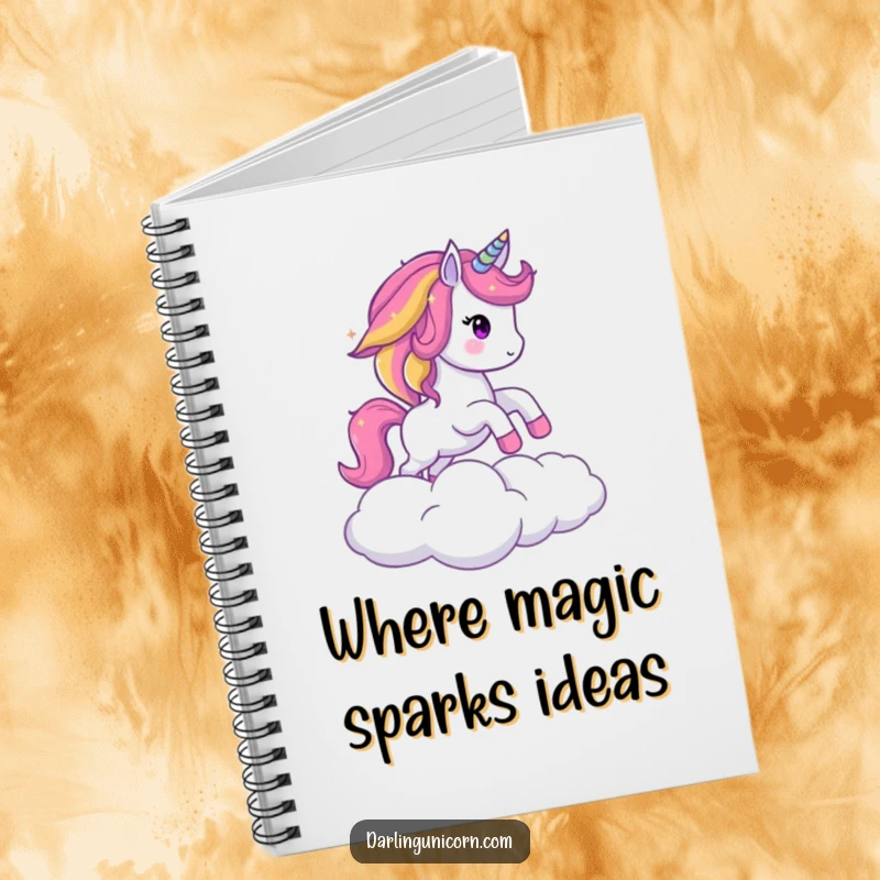 Funny notebook with a sparkling unicorn, rainbow mane, mid-leap over a cloud, ideal for writing magical thoughts and funny ideas.