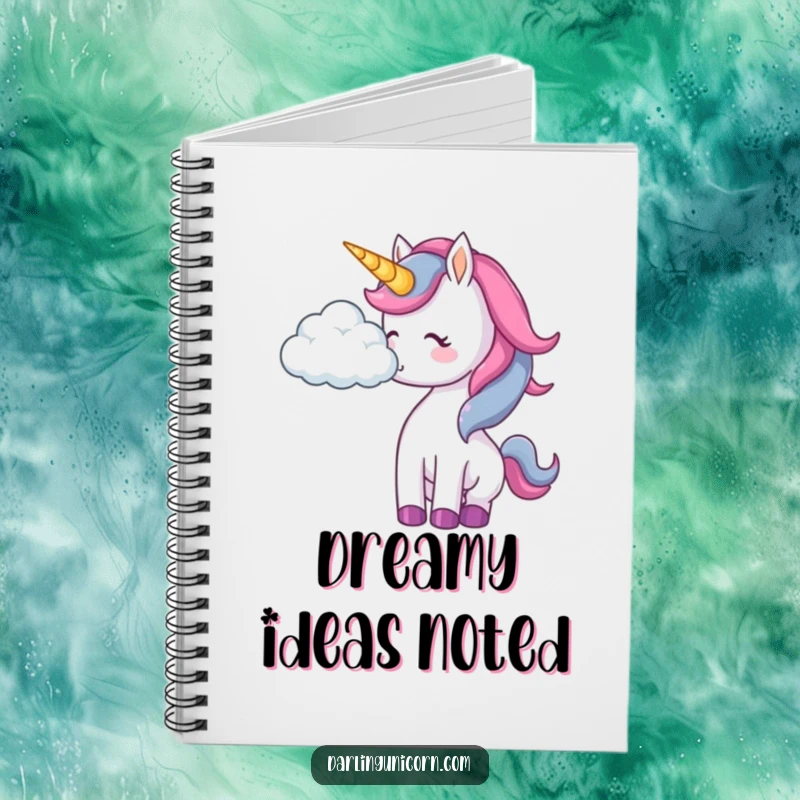 Funny unicorn notebook showing a unicorn playfully nudging a cloud across the cover, perfect for dreamers.