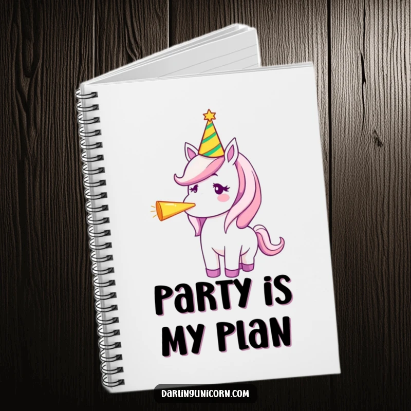 Funny notebook with a unicorn in a party hat blowing a party horn, ideal for jotting down festive plans and ideas.