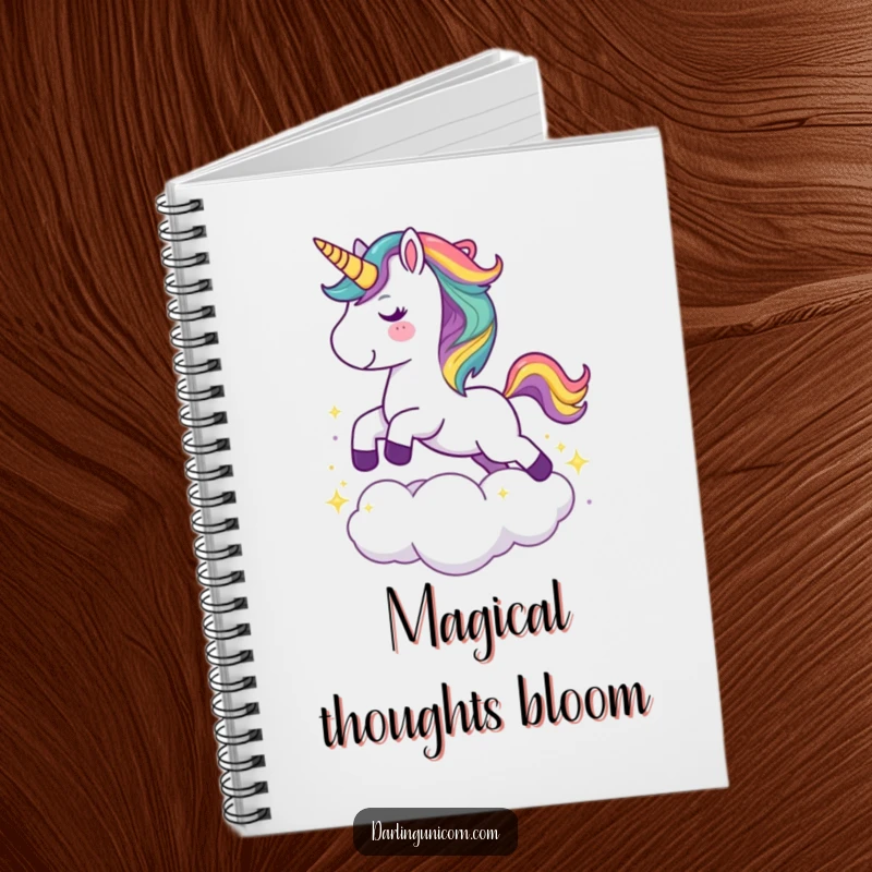 Funny notebook featuring a cute unicorn with a rainbow mane joyfully leaping over a sparkling cloud, inspiring magical writings.