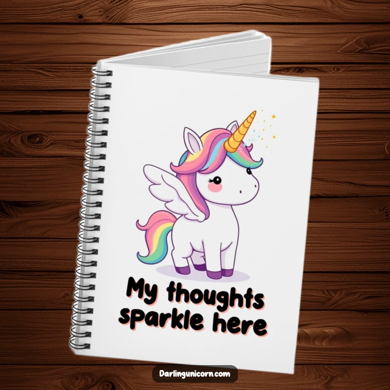Funny notebook cover illustrated with a unicorn possessing rainbow wings, humorously blowing glitter from its horn for inspiration.