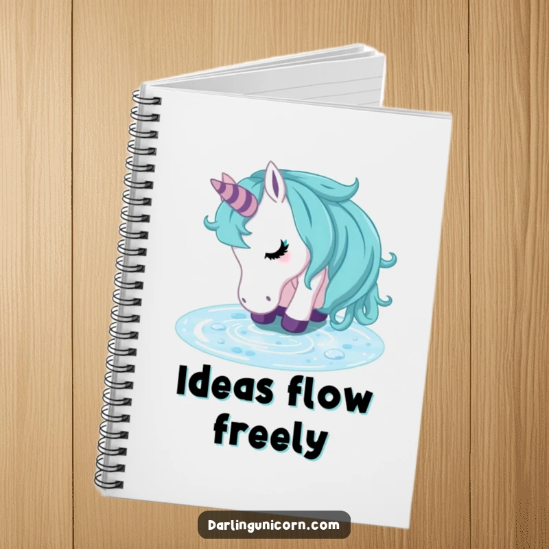 Funny unicorn notebook cover showing a refreshed unicorn drinking from a crystal clear stream, ideal for journaling peaceful thoughts and reflections.