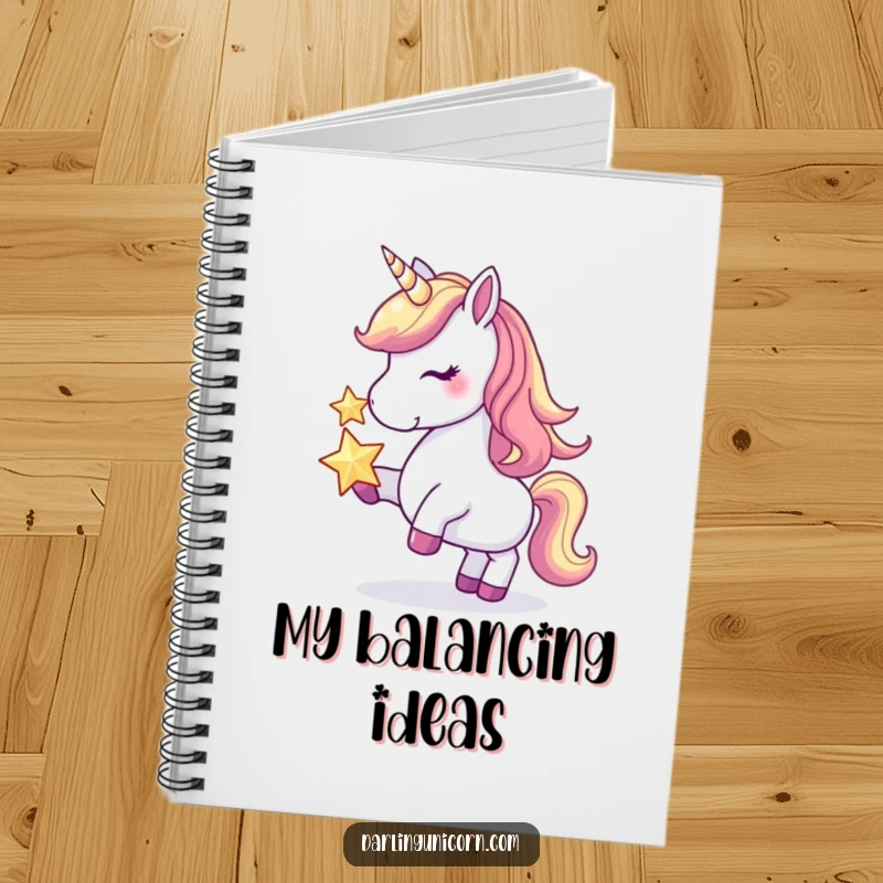 Funny notebook with a unicorn balancing a shining star on its nose, designed for jotting down magical and humorous thoughts.