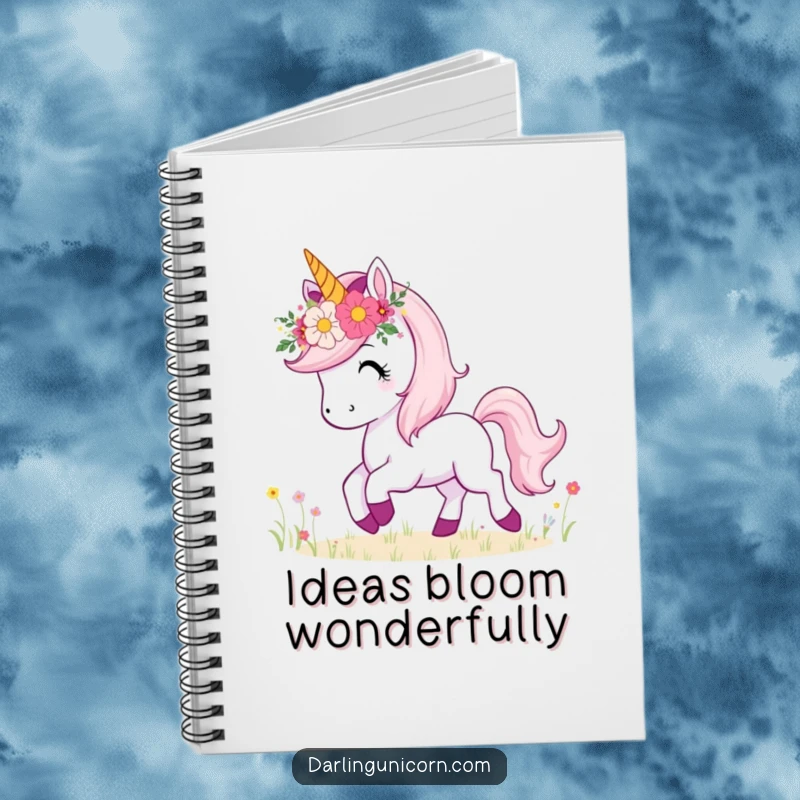 Funny notebook cover featuring a unicorn with a flower crown, happily prancing through a meadow, perfect for jotting down ideas.