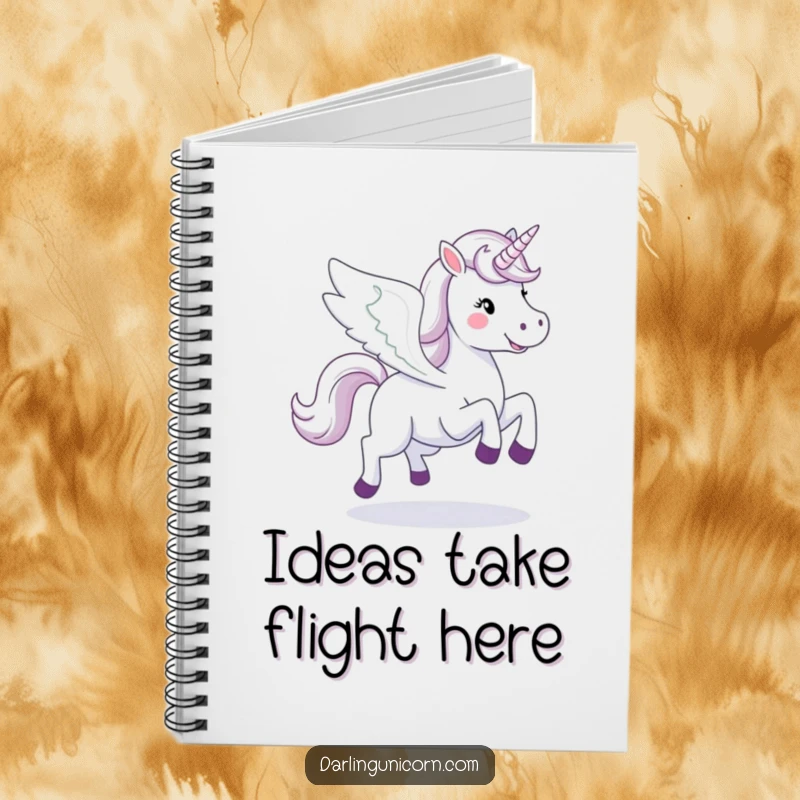 Funny happy unicorn with fully spread wings, galloping dynamically on the cover of an inspirational notebook.