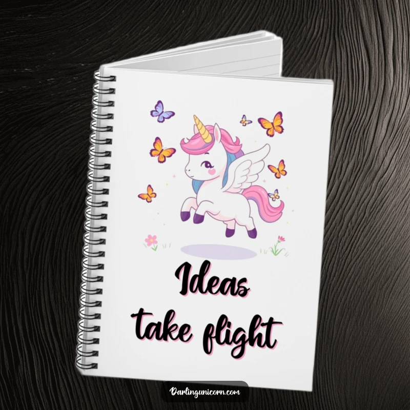 Funny notebook with a winged unicorn playfully chasing butterflies, ideal for capturing whimsical thoughts and creative ideas.
