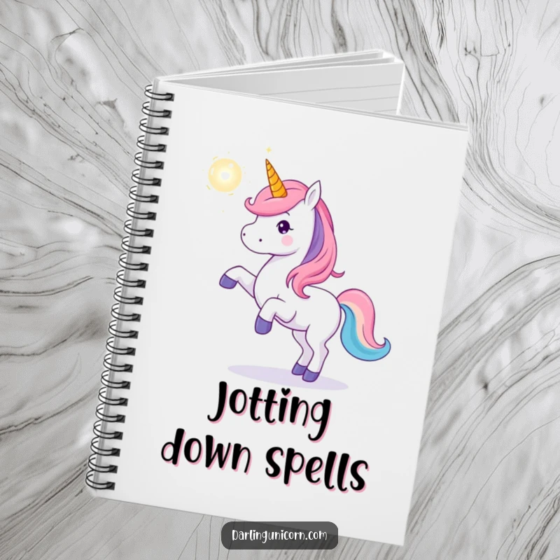 Funny unicorn notebook cover showing a unicorn playfully tossing a glowing magical orb, ideal for recording magical thoughts and creative ideas.