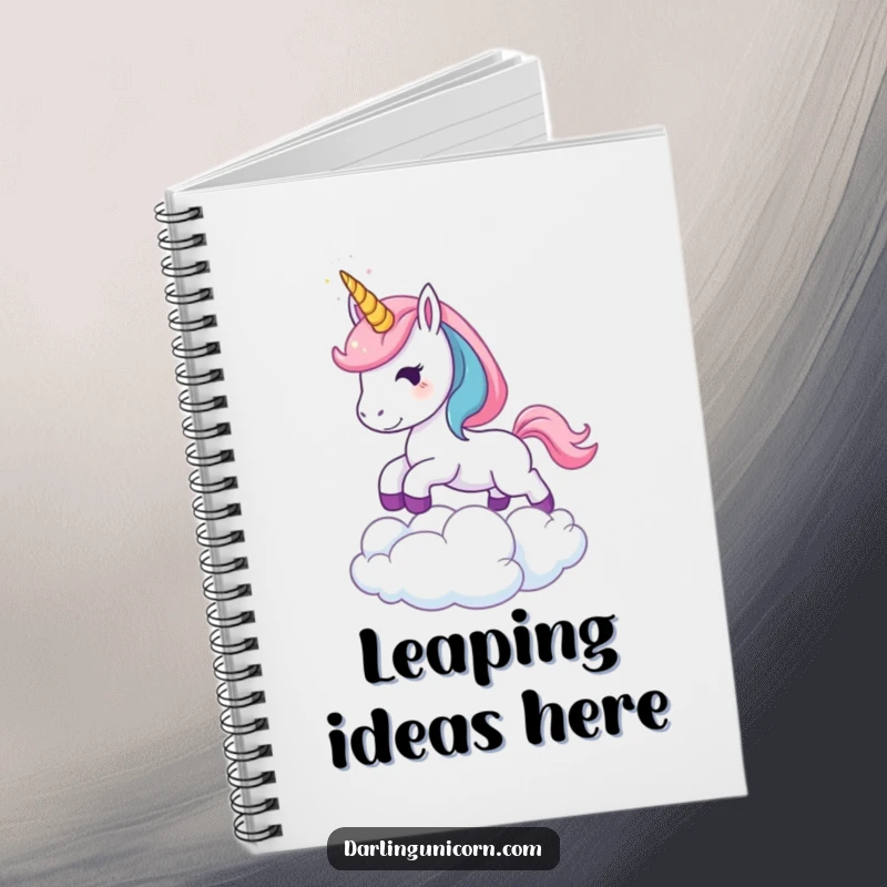 Funny Leaping Unicorn Notebook: A young unicorn with a sparkling horn leaping over a cloud, perfect for note-taking with magical and humorous flair.