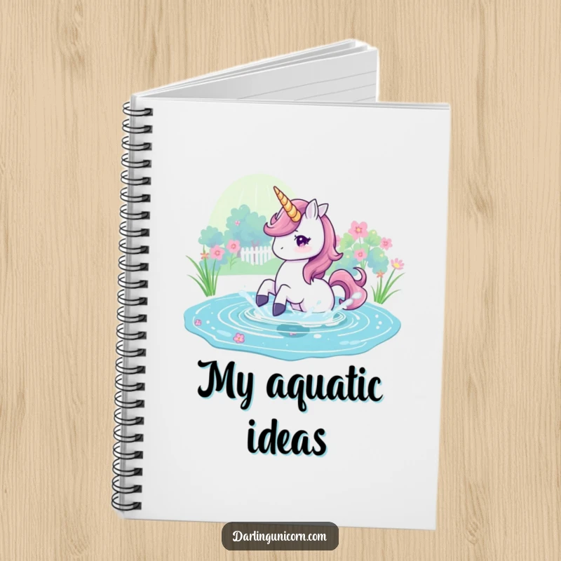 Funny Notebook featuring a unicorn splashing playfully in a magical pond, ideal for journaling magical thoughts.